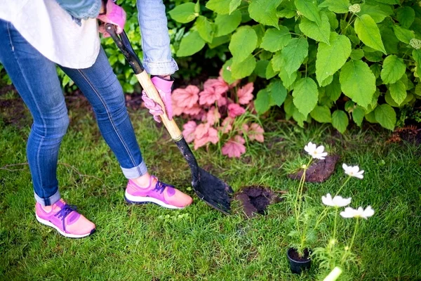 Shot Unrecognizable Gardener Digging Soil Spring Spade Make Garden Ready — Stock Photo, Image