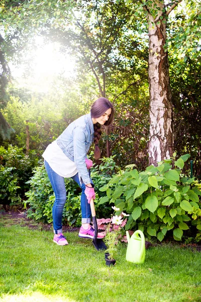 Full Length Shot Young Woman Digging Soil Spring Spade Make — Stock Photo, Image