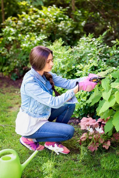 Tiro Mulher Jovem Jardinagem Casa Quintal Mulher Bonita Usando Secateur — Fotografia de Stock