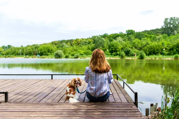 Zadní Pohled Ženu Neformálním Oblečení Jak Sedí Molu Vedle Svého — Stock fotografie