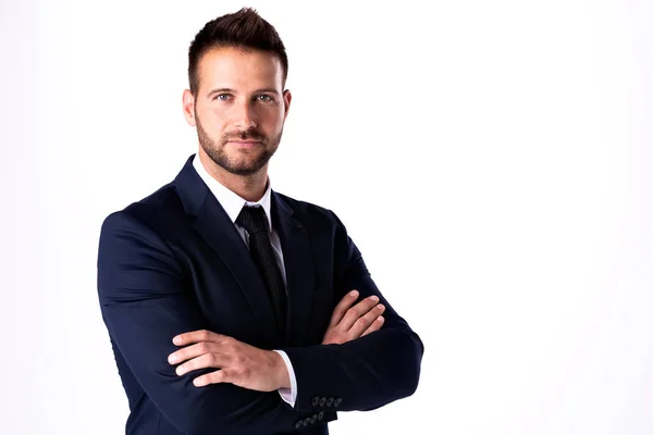 Portrait Shot Smiling Young Businessman Wearing Suit Standing Arms Crossed — Stock Photo, Image