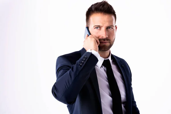 Studio Shot Handsome Businessman Wearing Suit While Standing Isolated White — Stock Photo, Image