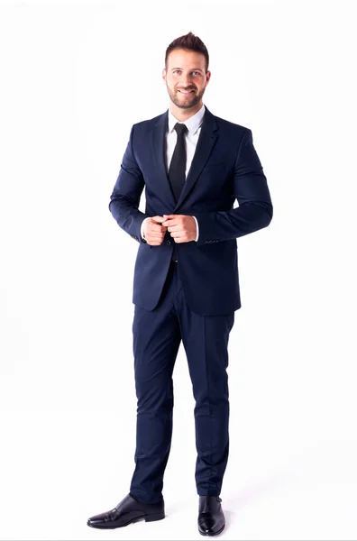 Plná Délka Záběr Pohledný Podnikatel Nosí Oblek Zatímco Stojí Izolovaném — Stock fotografie