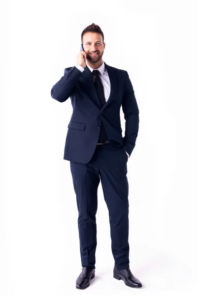 Full Length Shot Handsome Businessman Wearing Suit Talking Somebody His — Stock Photo, Image