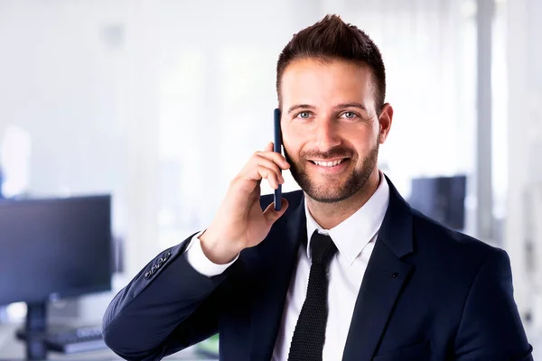 Retrato Empresário Financeiro Conversando Com Alguém Seu Telefone Celular Enquanto — Fotografia de Stock