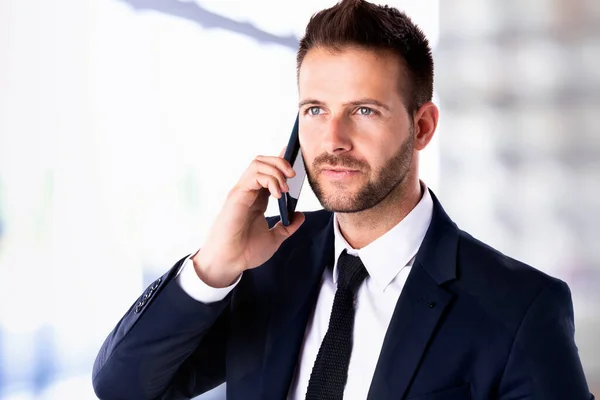 Portrait Shot Executive Businessmans Using Phone Talking Somebody While Standing — Stock Photo, Image