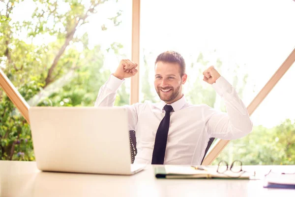Cheerful Businessman Celebrating His Arms Raised Air While Sitting Desk — Stock Photo, Image