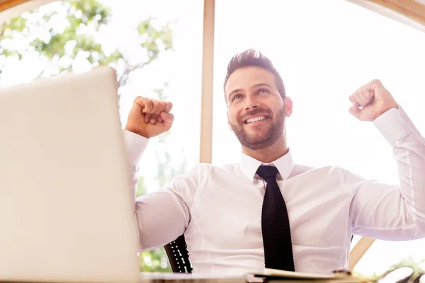 Cheerful Businessman Celebrating His Arms Raised Air While Sitting Desk — Stock Photo, Image