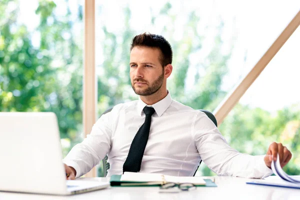 Shot Handsome Businessman Looking Thoughtful While Working Laptop Office — Stock Photo, Image