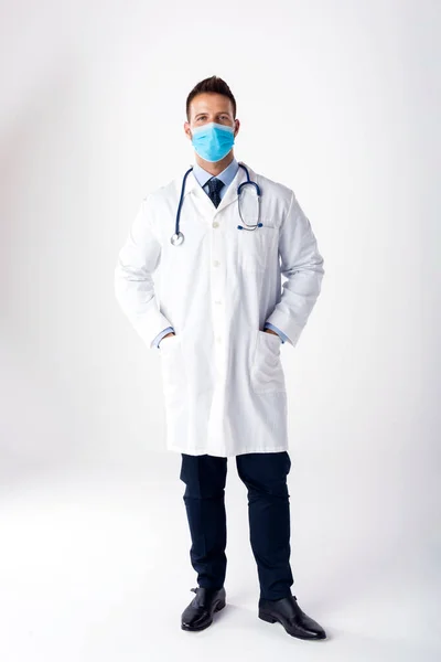 Full Length Shot Male Doctor Wearing Face Mask Lab Coat — Stock Photo, Image