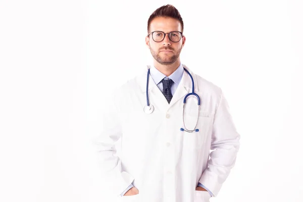 Retrato Médico Varón Con Estetoscopio Alrededor Del Cuello Parado Sobre — Foto de Stock