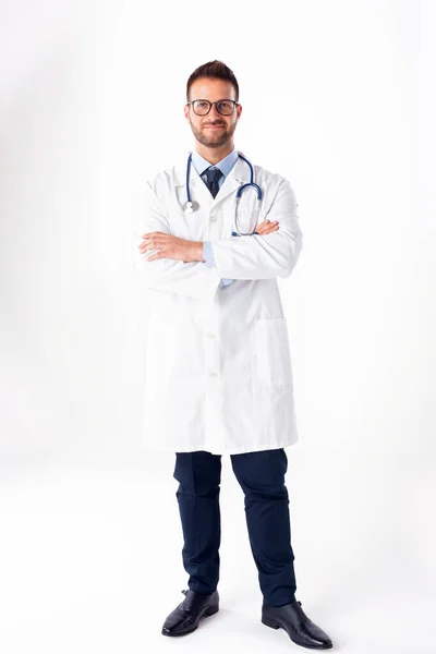 Full Length Shot Smiling Male Doctor Folded Arms Standing Isolated — Stock Photo, Image