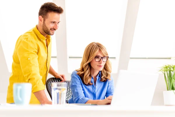 Shot Middle Aged Busineswoman Working Laptop While Her Colleague Standing — Stock Photo, Image