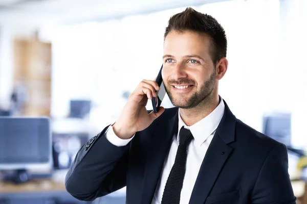 Portrait Shot Businessman Wearing Suit Making Business Call While Standing — Stock Photo, Image