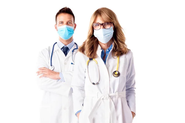 Shot Female Male Doctors Standing Together Isolated White Background While — Stock Photo, Image