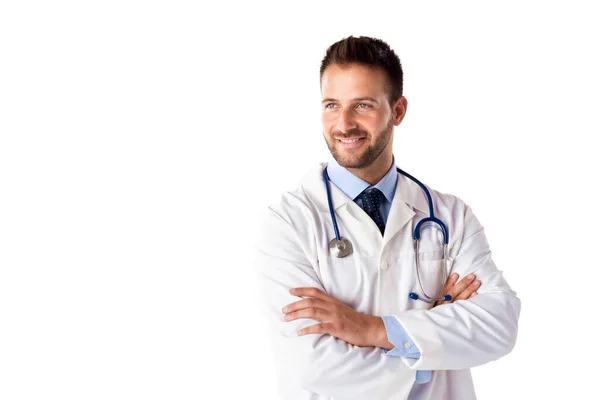Portret Szczęśliwego Lekarza Stojącego Rękami Skrzyżowanymi Białym Tle Przestrzeń Kopiowania — Zdjęcie stockowe