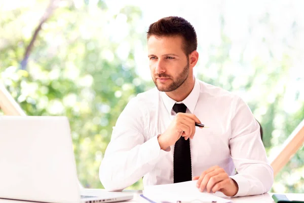 Shot Confident Businessman Looking Thoughtfully While Sitting Office Desk Working — Stock Photo, Image