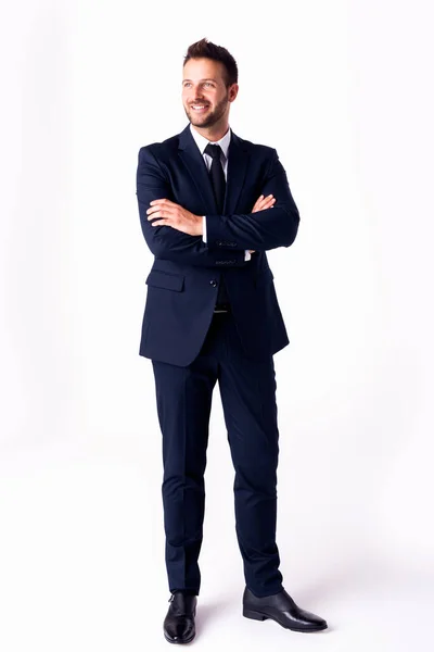 Full Length Shot Happy Businessman Wearing Suit Looking Away While — Stock Photo, Image