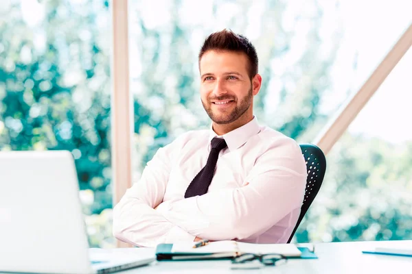 Tiro Hombre Negocios Guapo Usando Camisa Corbata Mientras Está Sentado — Foto de Stock