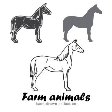 Elle çizilmiş at siluet. Çiftlik hayvanları illüstrasyon vektör. Hat sanat sembol vintage.