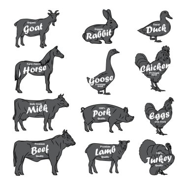 farm animals vector collection. Butchery logo and label with text. Monochrome illustration isolated on white
