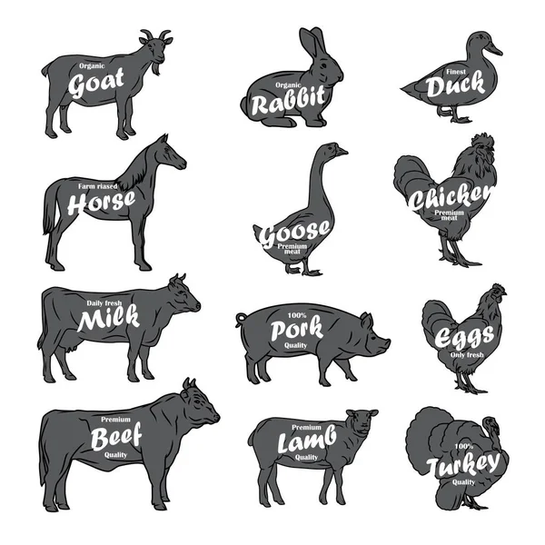 Коллекция Векторов Сельскохозяйственных Животных Логотип Этикетка Бойни Текстом Монохромная Иллюстрация — стоковый вектор