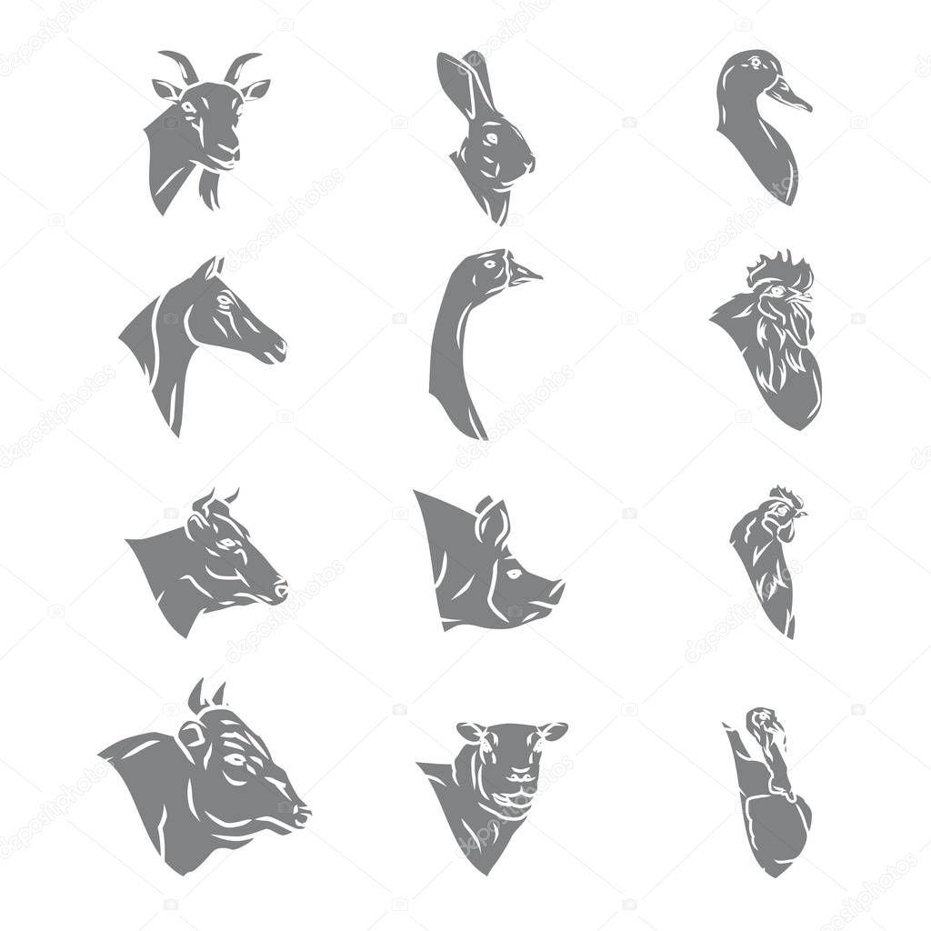 Farm animal heads vector collection. Butchery logo and labels set isolated.