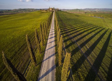 Val d 'Orcia 'da havadan görünüm, Toskana, Italya.