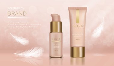 Vektör kozmetik reklam posteri. Tam kaplamalı ve ağırlıksız formülü olan bir vakıf, cam şişede makyaj ürünü ve uçan beyaz tüyün yanında altın kapaklı tüp. Reklam pankartı kavramı