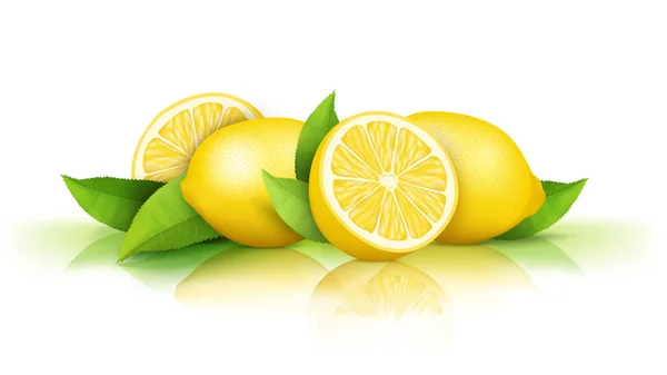 Limones y hojas verdes aislados en blanco — Vector de stock