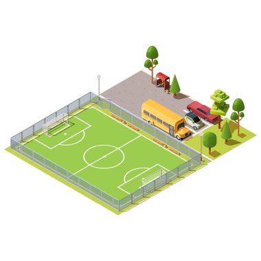 Isometric football field near car parking vector Isometric football field near car parking vector