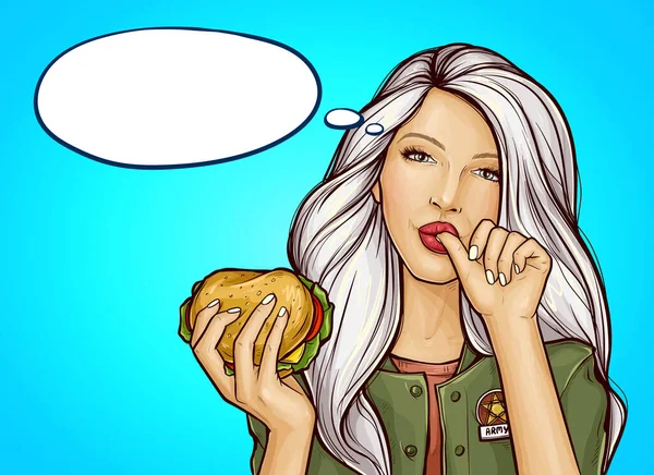 Pop art girl with burger licks a finger — Stock Vector