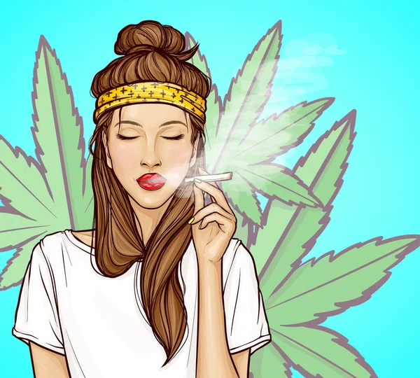 Pop art hipster chica fumar cigarrillo con marihuana — Archivo Imágenes Vectoriales