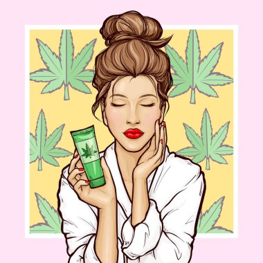 Bornozlu, elinde bitkisel kenevir kozmetik tüpüyle gözleri kapalı pop sanatçısı genç bir kadın. Kız marihuana ve kenevirden yapılmış cilt bakımı için ürün kullanıyor. Doğal tedavi kozmetik ürünleri reklamı