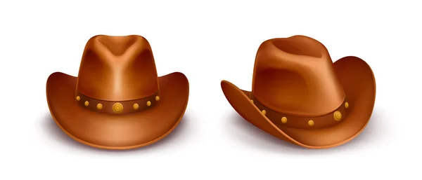 Realista vetor marrom couro cowboy chapéus —  Vetores de Stock