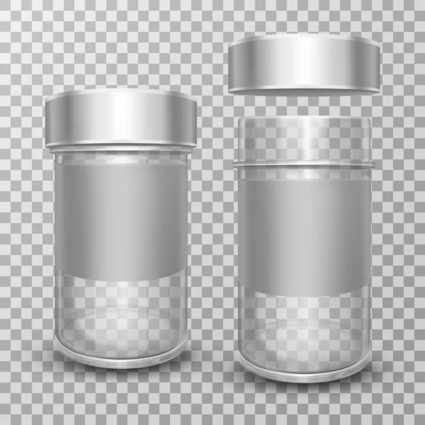 Pots en verre vides réalistes avec couvercles en métal argenté — Image vectorielle