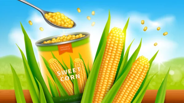 Poste publicitaire vectoriel réaliste maïs doux — Image vectorielle