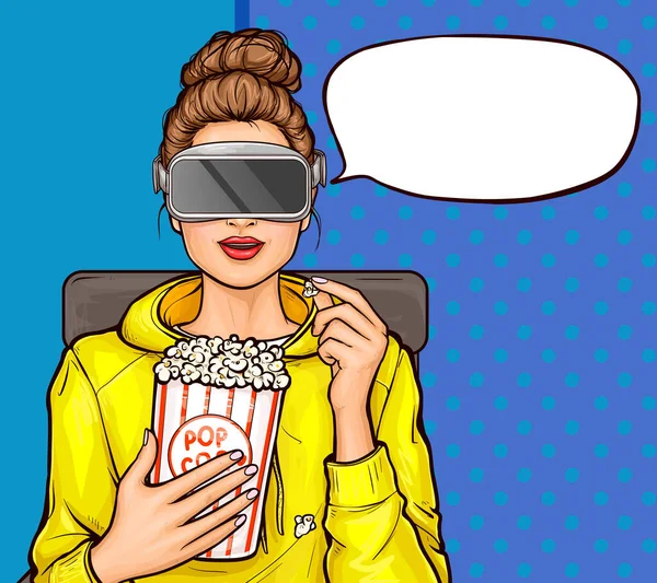 Pop art menina em óculos de realidade virtual assistindo filme — Vetor de Stock