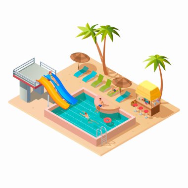 Su kaydırak ve yüzme havuzlu Isometric aquapark