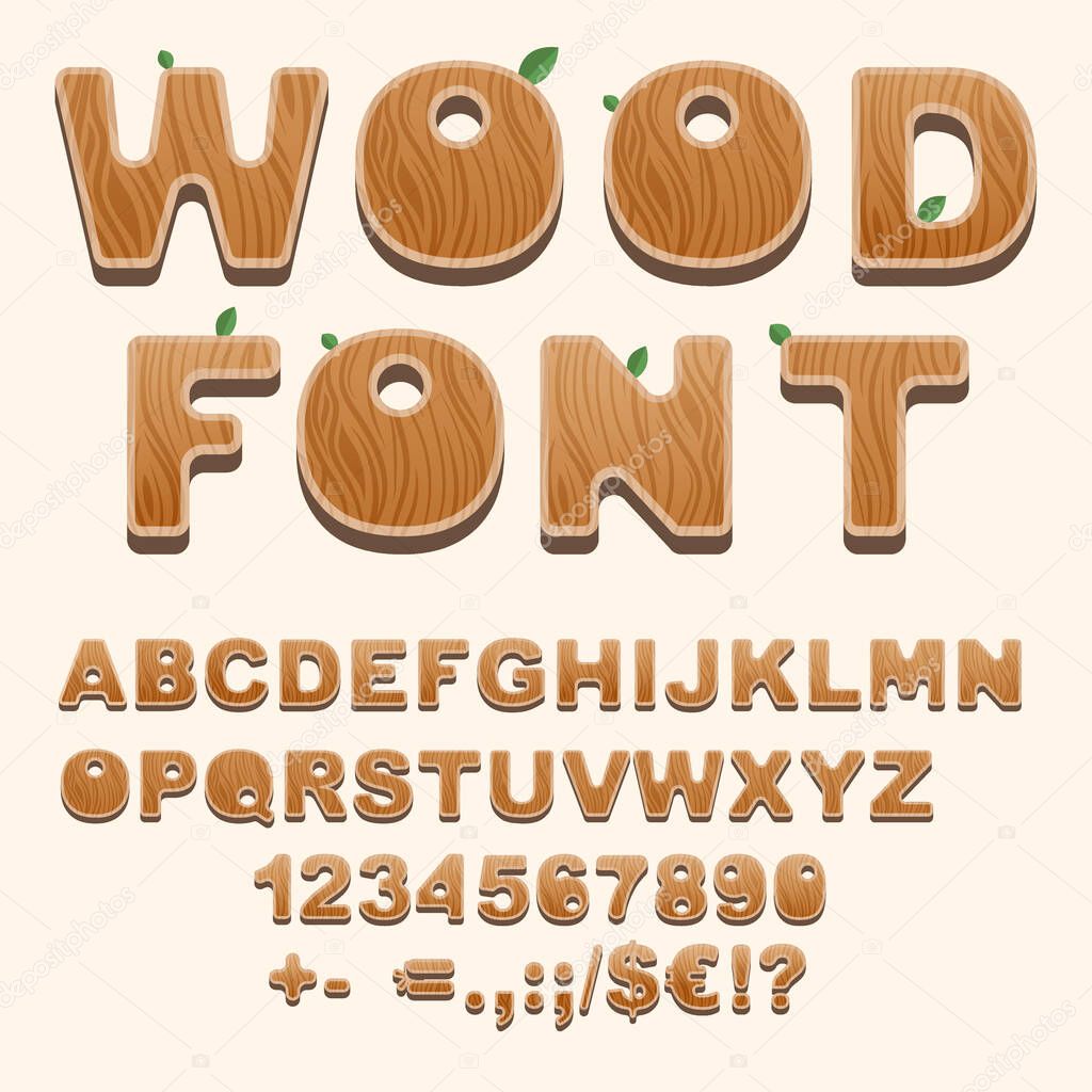 Wooden font alphabet letters, punctuation, symbols and numbers