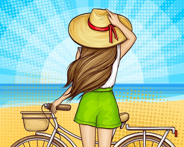 Pop art dziewczyna na plaży z rowerem — Wektor stockowy