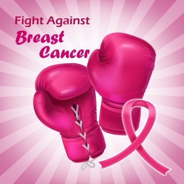 Pembe boks eldivenleri ve göğüs kanseri yazılı kurdele.