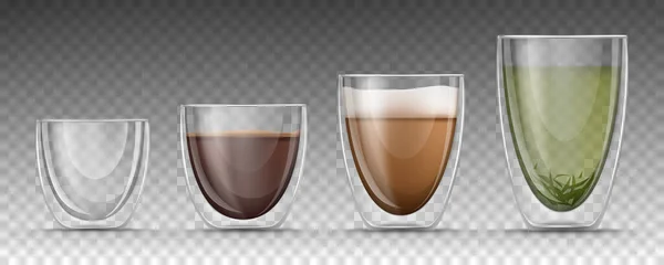 Tazas de vidrio realistas con diferentes bebidas calientes — Vector de stock