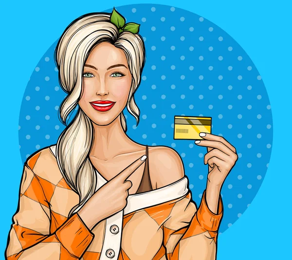 Jeune fille tenant une carte de crédit en plastique — Image vectorielle