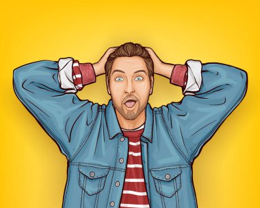 Pop art hipster man with shocked face expression clipart