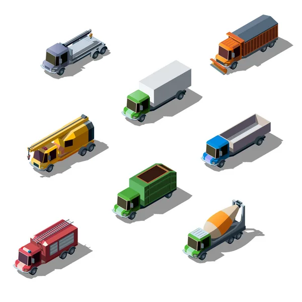 Camiones isométricos comerciales, de construcción y de servicio — Vector de stock