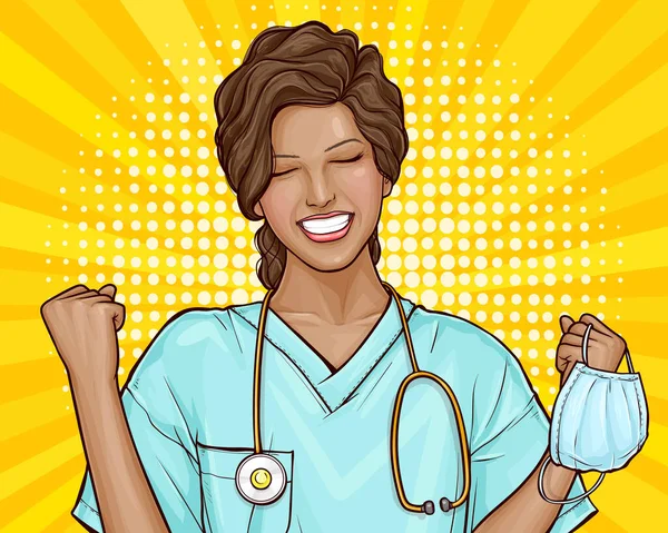 Mutlu doktor tıbbi bir maske çıkardı.