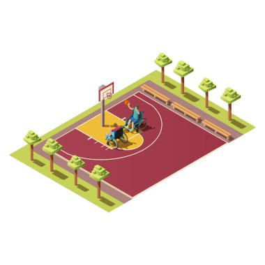 Invalids in wheelchair playing basketball on playground clipart