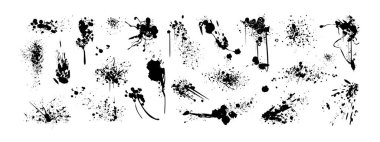 Sprey boya mürekkep lekeleri, damlalar ya da lekeler. Siyah grafiti lekeleri, sıçrama izleri veya grunge etkisi olan mürekkep lekeleri. Boya fırçası lekesi, damlalar, sıvı damlalar. Sokak sanatı tarzında kirli lekeler.