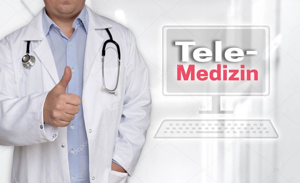 Telemedizin in (german Telemedicine) concept and doctor with thumbs up.